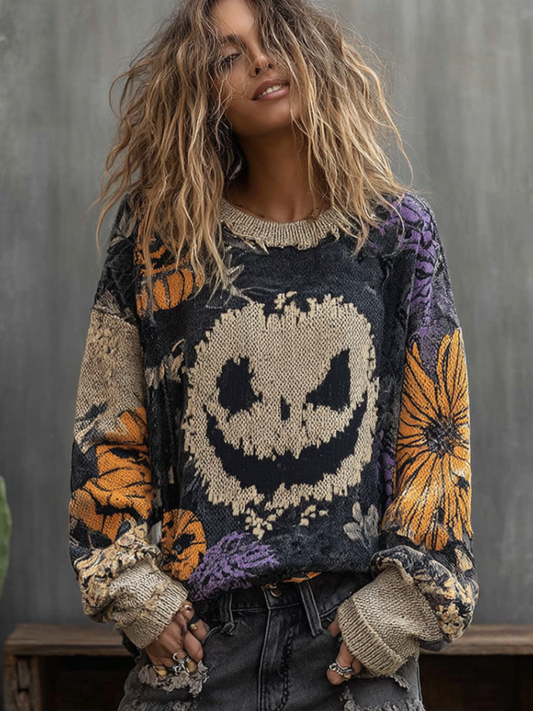 Halloween Pumpkin Face And Plant Flower Pattern Design Women's Round Neck Knit Sweater artswardrobe