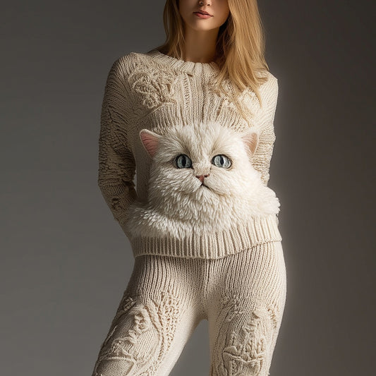 Comstylish Cute Fuzzy Cat Face Embroidered Cozy Knit Sweater