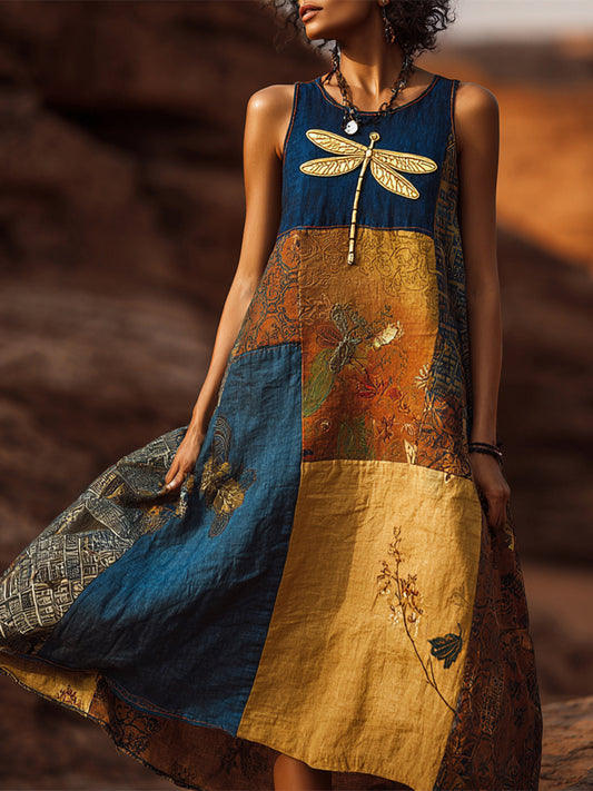 Boho Floral & Dragonfly Print Women's Linen Vest Midi Dress artswardrobe