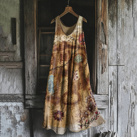 Women's Vintage Rust Dyed Embroidered Art Linen Blend Tank Dress artswardrobe
