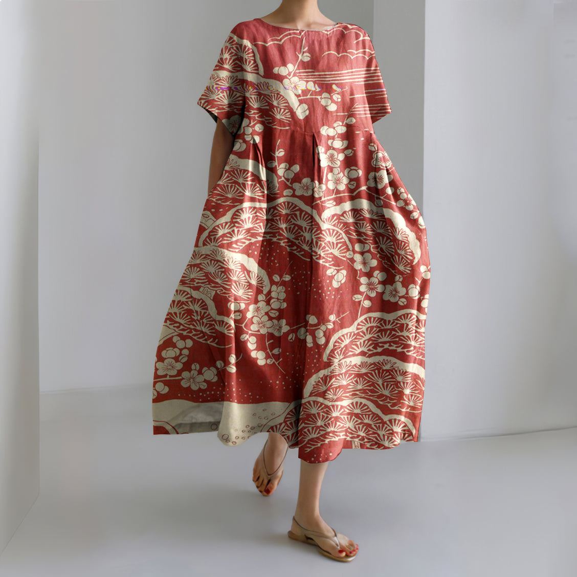 Comstylish Japanese Art Plum Blossom Printed Crew Neck Casual Midi Dress