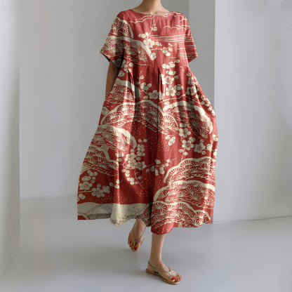 Comstylish Japanese Art Plum Blossom Printed Crew Neck Casual Midi Dress