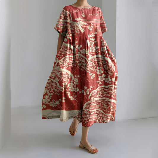 Comstylish Japanese Art Plum Blossom Printed Crew Neck Casual Midi Dress