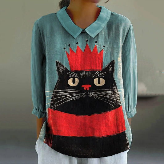 Women's Black Cat Art  Casual Linen Shirt artswardrobe