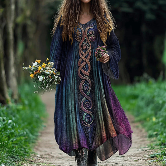 Women's Vintage Viking Celtic Gradient Art Linen Dress artswardrobe