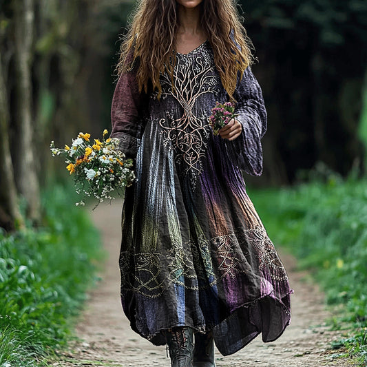 Women's Vintage Tree Of Life Gradient Art Linen Dress artswardrobe