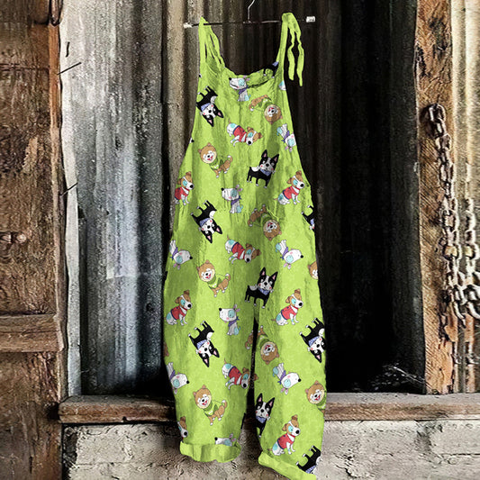 Comstylish Vintage Cute Cartoon Dog Print Japanese Art Loose Jumpsuit