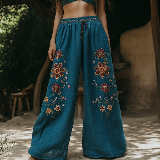 Women's Retro Linen Bohemian Ethnic Flowers Art Long Loose Wide-leg Trouser Pants artswardrobe