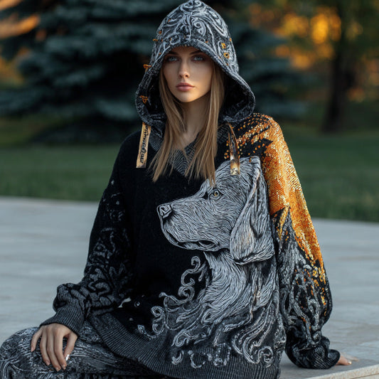 Women's Vintage Dog Embroidered Hooded Sweater elevenforest