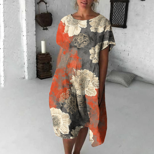 Comstylish Vintage Floral Print Round Neck Loose Midi Dress