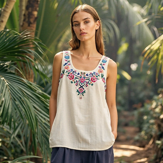 Vintage Bohemian Ethnic Floral Embroidery Linen Top artswardrobe