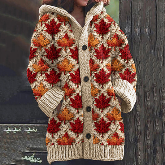 Autumn Maple Leaf Print Knitted Hooded Cardigan artswardrobe