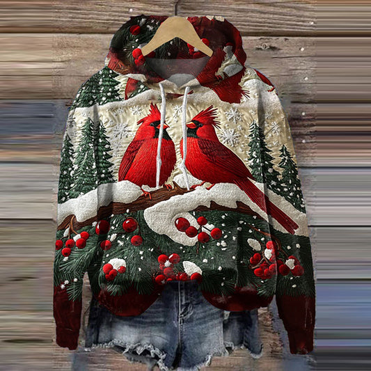 Comstylish Christmas Birds Print Casual Hoodie Sweatshirt