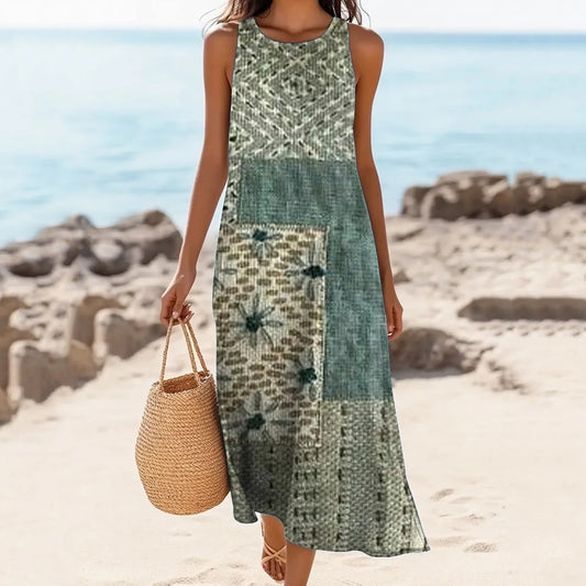 Women's Geometric Color Block Round Neck Linen Blend Tank Midi Dress artswardrobe