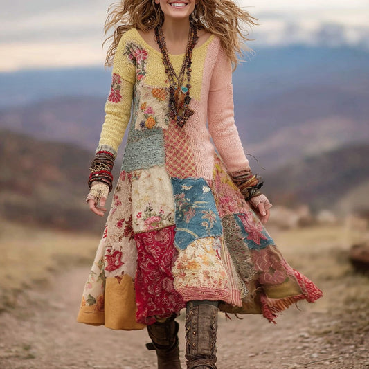 Comstylish Women's Bohemian Floral Knitted Crew Neck Dress