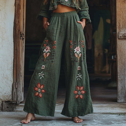 Women's Retro Linen Boho Floral Art Long Loose Wide-leg Trouser Pants artswardrobe