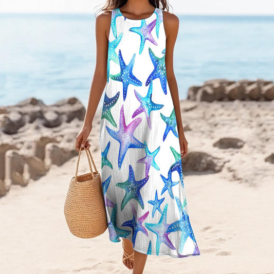 Comstylish Women's Vintage Starfish Art Print Cotton And Linen Dress