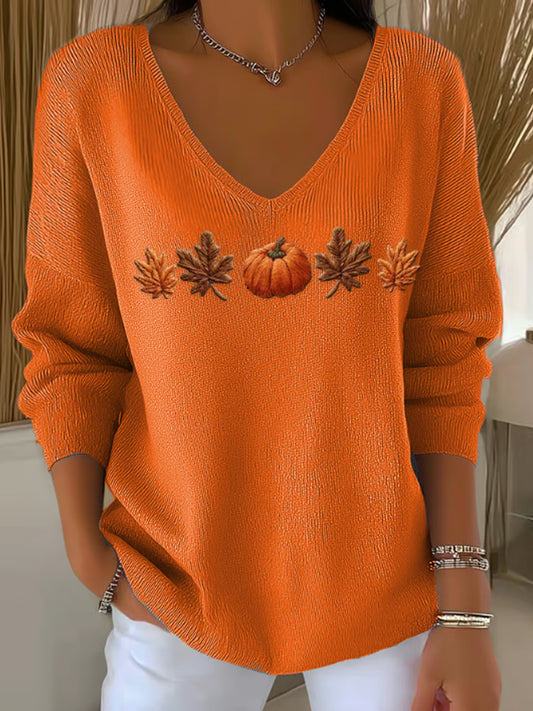Women's Casual Autumn Maple Leaf Pumpkin Striped Long-sleeved V-neck Top artswardrobe