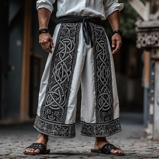 Tribal Viking Celtic Embroidery Art Linen Long Loose Wide-leg Pants artswardrobe