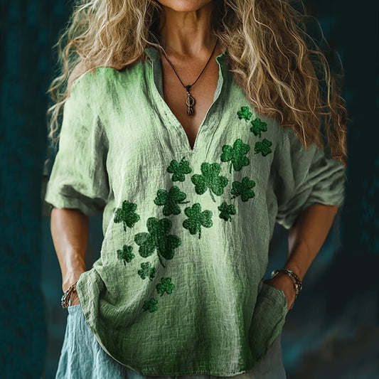 Comstylish St. Patrick's Shamrock Print V-neck Linen Blend Blouse