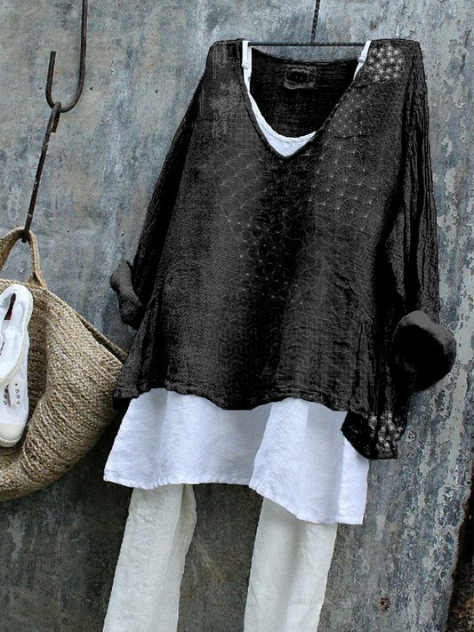 Comstylish Japanese Traditional Sashiko Art Linen Blend Tunic