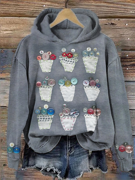 Comstylish Button Flowerpot Patch Embroidered Women's Hooded Sweatshirt