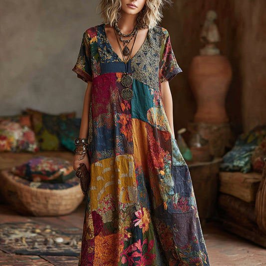 Stereoscopic Embroidery Stitching Fabric Flower Vintage Tie-dye V-neck Short-sleeved Long Dress artswardrobe