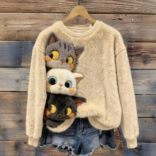 Comstylish Cute Cat Plush Warm Crew Neck Sweater