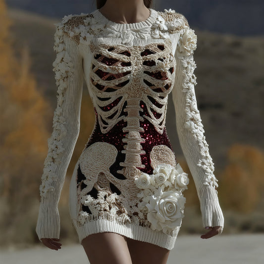 Comstylish Women's Halloween Skull Anatomy Rose Sequin Art Round Neck Knit Dress