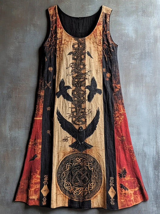 Raven Norse Mythology Pattern Vintage Linen Vest Dress artswardrobe
