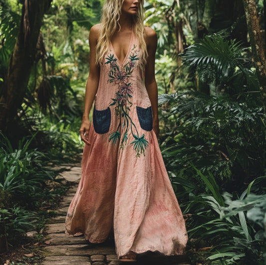 Bohemian Floral Embroidery Sleeveless  Cozy Linen Maxi Dress artswardrobe