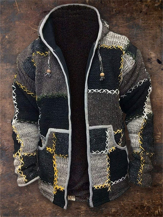 Men's Retro Colorblock Patchwork Stitched Cozy Hooded Cardigan elevenforest