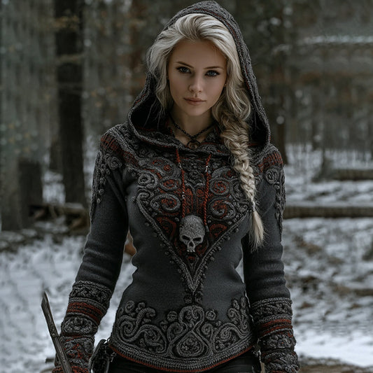 Comstylish Women's Vintage Viking Skull Embroidery Casual Hooded
