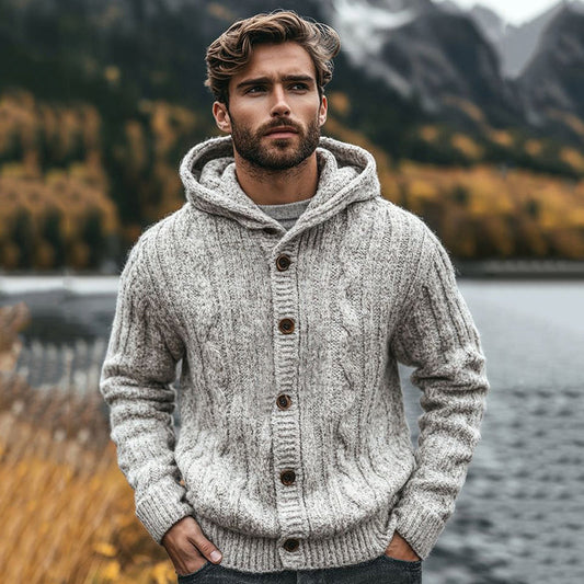 Men's Knitted Chunky Design Hooded Button Sweater elevenforest