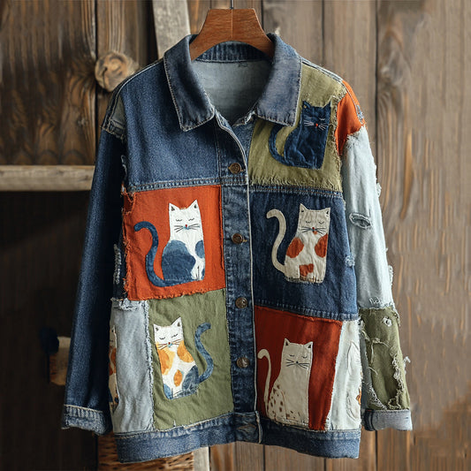 Women's Casual Cute Patchwork Cat Pattern Denim Jacket elevenforest