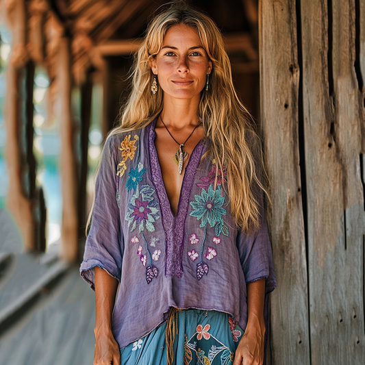 Comstylish Retro Boho Floral Tribal Embroidery Print Cotton And Linen Blend Loose Blouse