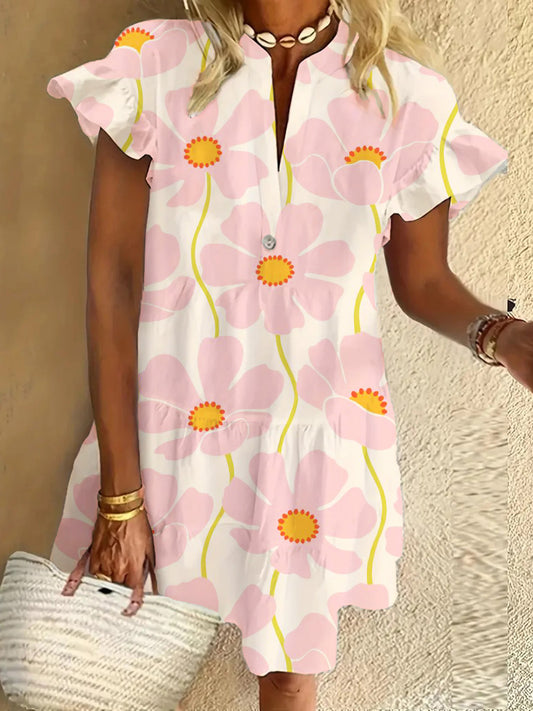 Flower Ruffled Short-sleeved V-neck Buttoned Dress Vacation Beach Dress