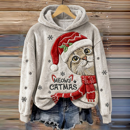 Comstylish Women's Catmas Embroidery Art Comfort Flannel Hoodie