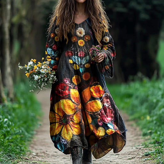 Vintage Boho Floral Art Linen Blend Maxi Dress artswardrobe