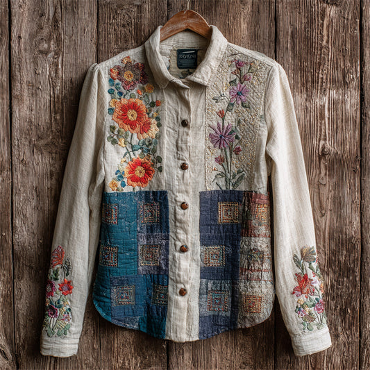 Comstylish Vintage Boho Floral Embroidery Women's Linen Long Sleeve Shirt