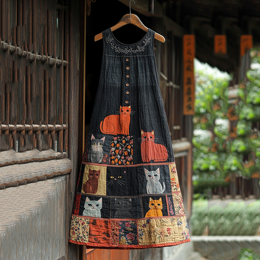 Casual Pop Cat Patchwork Cotton Linen Dress elevenforest