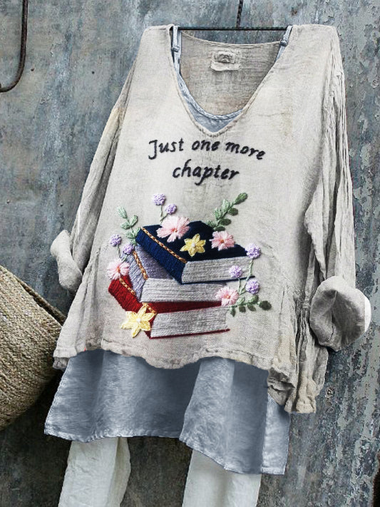 Comstylish Just One More Chapter Books Floral Embroidered Linen Tunic