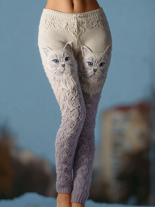 Cute Cat Face Jacquard Gradient Cozy Knit Leggings
