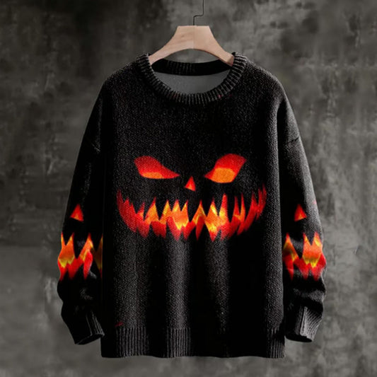 Men's Halloween Pumpkin Hell Evil Green Flame Print Knit elevenforest