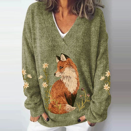 Fox Print V-Neck Knitted Pullover Sweater artswardrobe