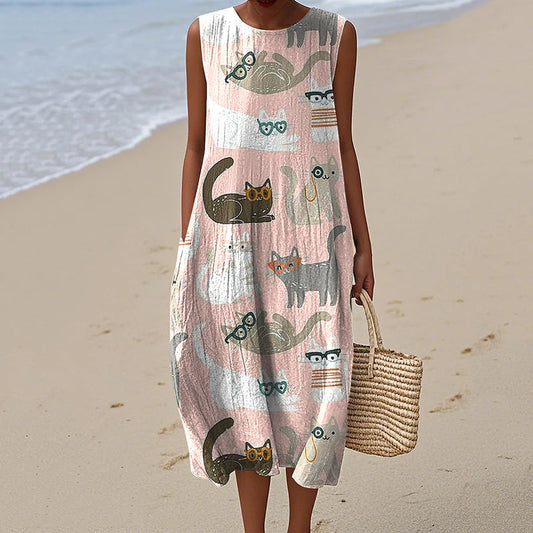 Women's Vintage Cute Cat Art Linen Tank Midi Dress elevenforest