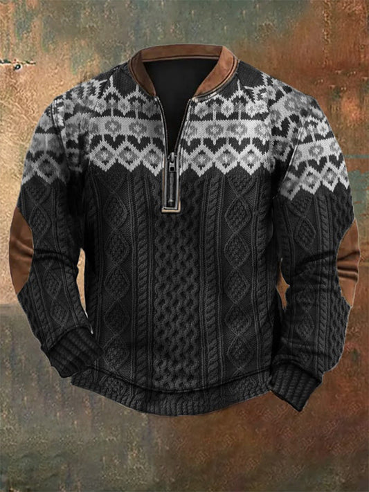 Men's Vintage Knit Print Zip-Up Sweatshirt elevenforest