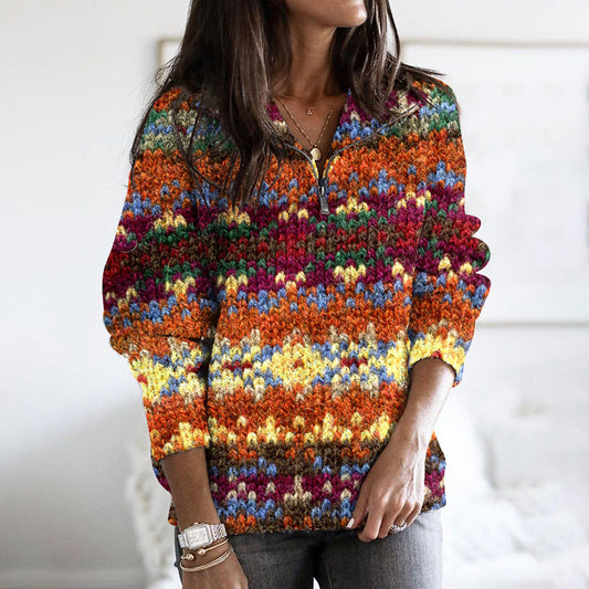 Vintage Geometric Striped Pattern Stand Collar Zipper Women's Sweater artswardrobe