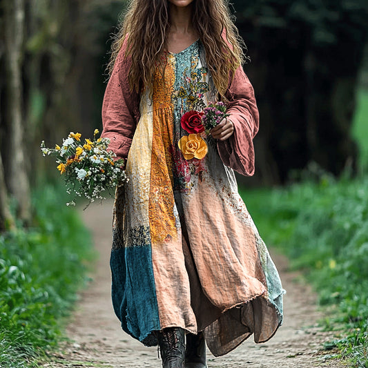 Women's Vintage Bohemian Floral Patch V-neck Cotton And Linen Dress artswardrobe