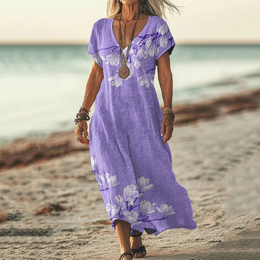 Vintage Violet Magnolia Art Pattern Casual Maxi Dress artswardrobe